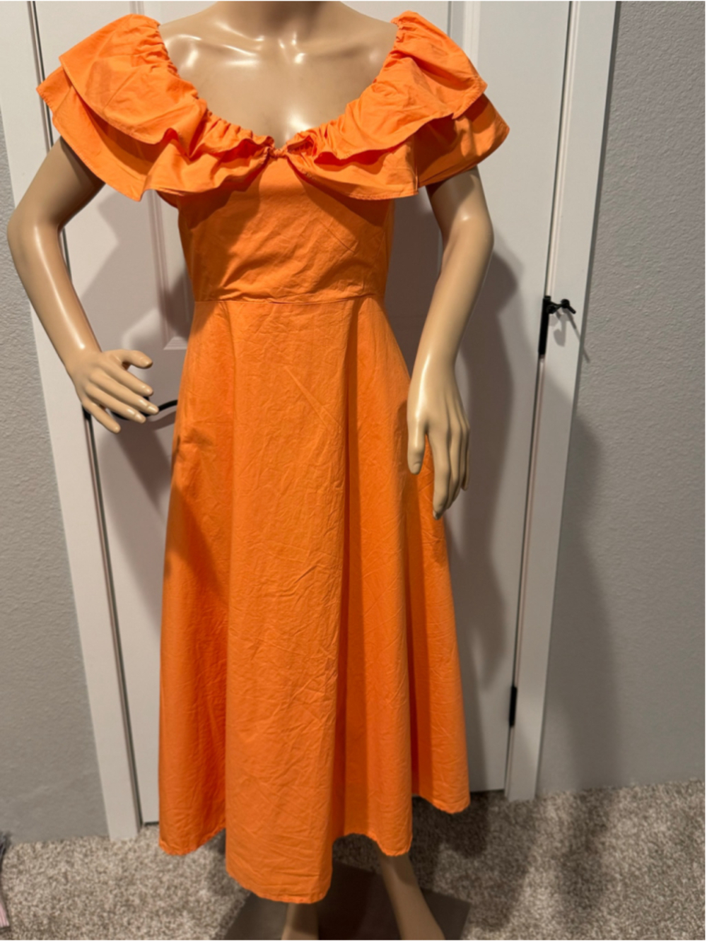 Women's Petal & Pup Orange Ruffle Neck on/off shoulder Midi Dress Size L
